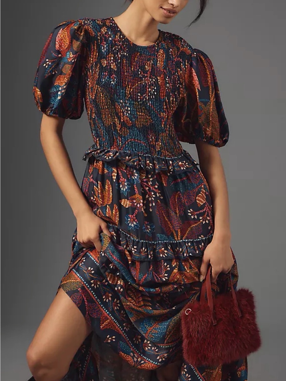 FARM Rio Navy Maxi Dress with Rust & Teal Botanical Print